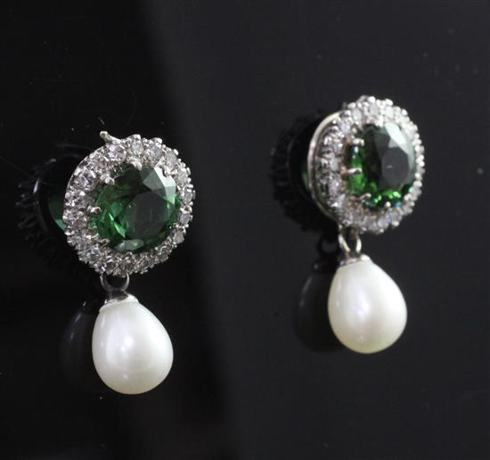 A pair of 18ct white gold, green tourmaline, diamond and cultured pearl cluster drop earrings, 21mm.